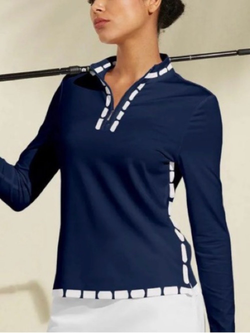 Long-Sleeve Navy Golf Polo with White Contrast Trim